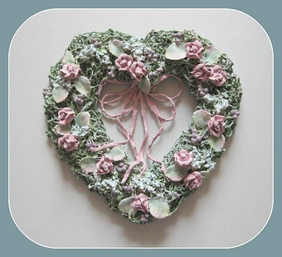 SALE 20% OFF - Flower Wreath Floral Wreath Romantic Home Shabby Chic Wreath Cottage Chic Decor Flower Sculpture Clay Heart Wreath Handmade