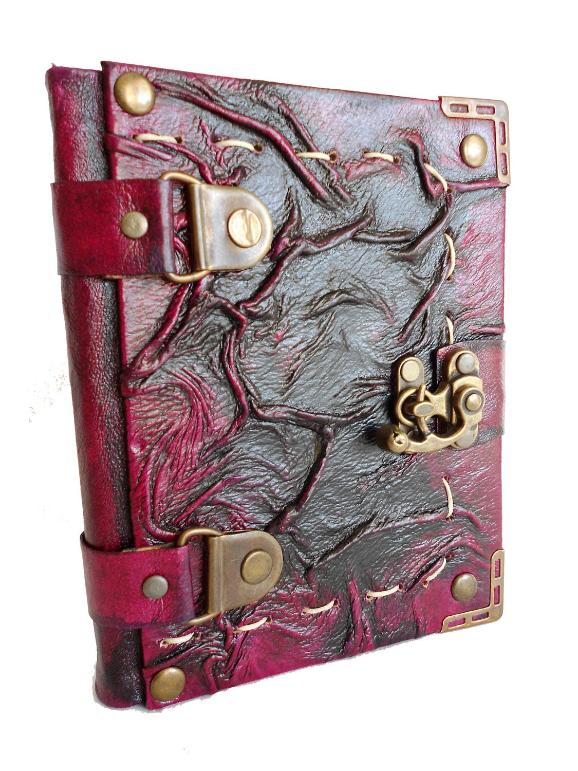 Handmade stitched creased rustic purple leather journal notebook sketchbook