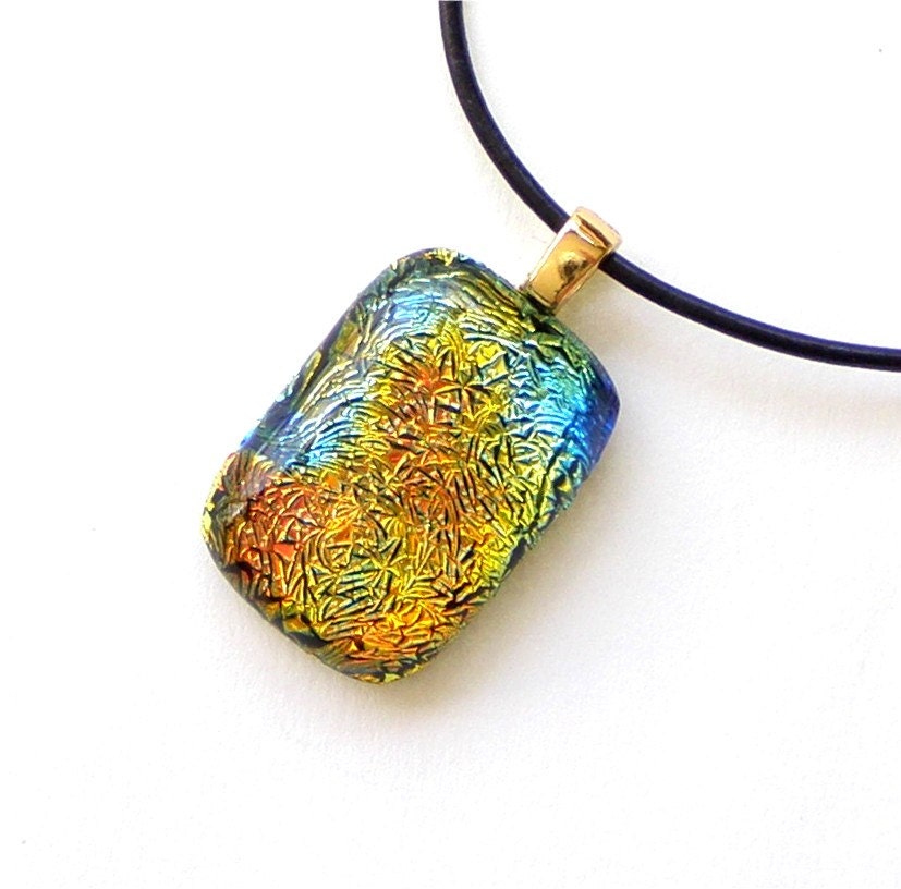 Gold Orange Blue Dichroic Fused Glass Pendant Necklace