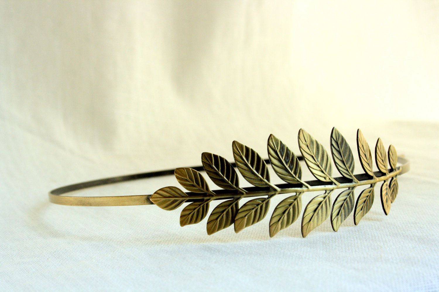 ATHENA Grecian Headband with Single Leaf in Antique Brass