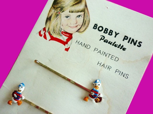 1950s Daffy Duck  Handpainted Bobby Pins by Paulette - Little Girl Illustration - VintagePickle