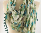 Fabric Rectangle  Pom pom Guipure  Scarf ..authentic, romantic, elegant, fashion