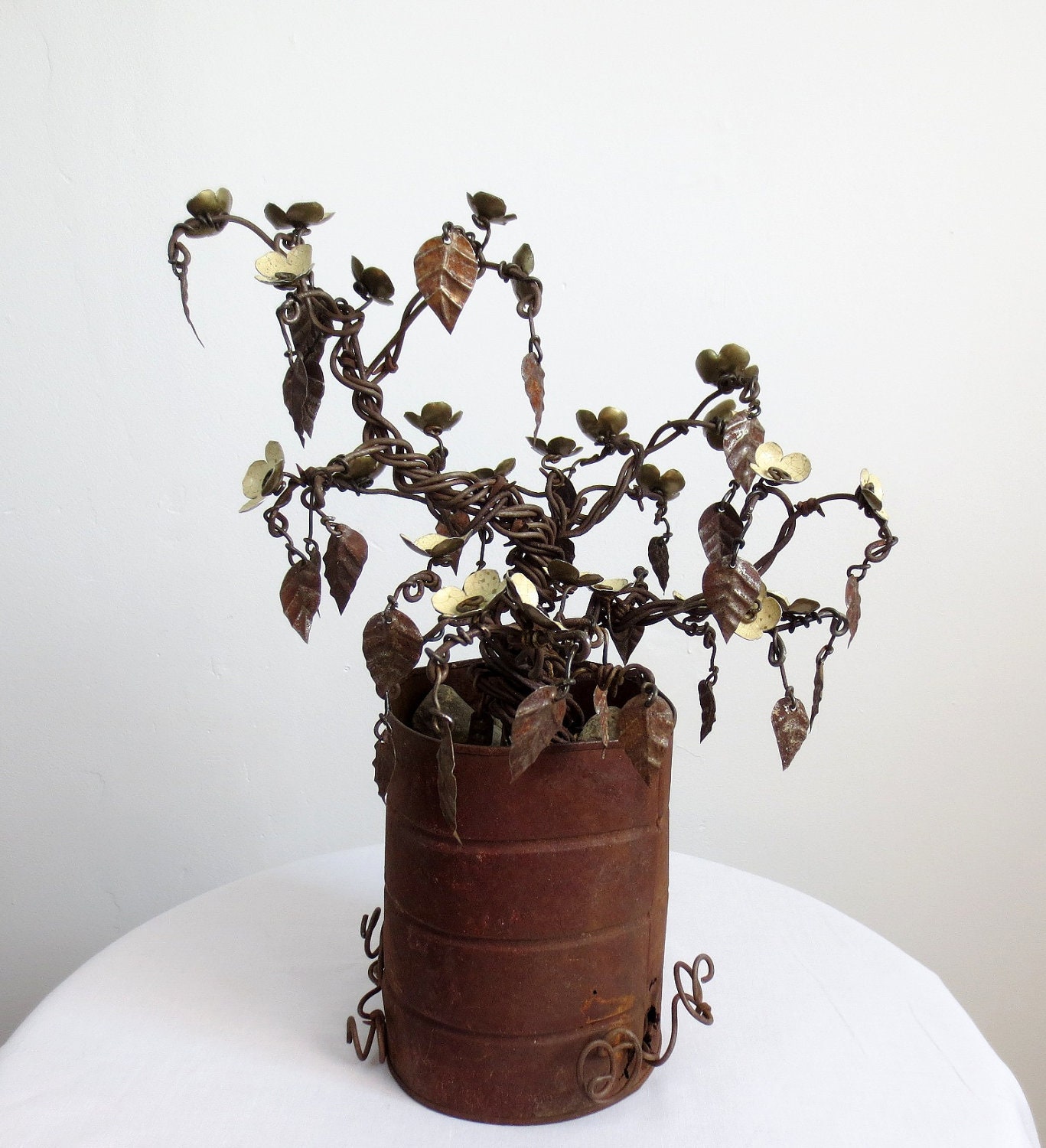 Forever Blooms Barbed Wire Flowering Shrubbery With Yellow Blossoms Reclaimed Art