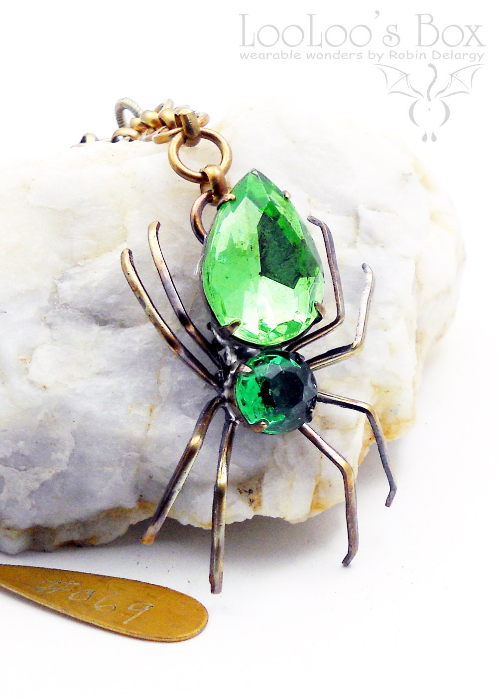 Kryptonite SPIDER Necklace Peridot Green Swarovski Rhinestones Hand Made Chain Soldered Brass N0461 by Robin Delargy LooLoo's Box