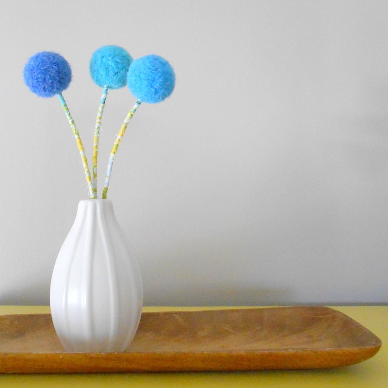 Yarn pom pom flowers.  Cobalt blue, turquoise, sea blue.  Handfelted wool balls.  Boys room.  Nursery decor. Faux flower bouquet.