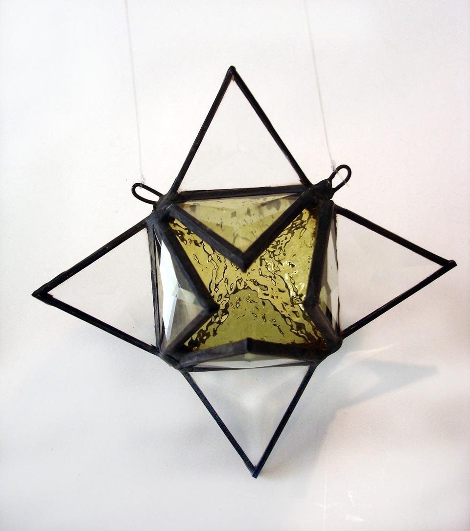 Abstract stained glass star suncatcher, citron lemon yellow decorative art ornament