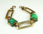 Art Deco Machine Age Style Green Marbled Glass Gold Tone Bracelet