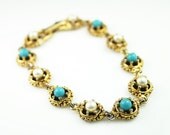 Vintage Goldette Faux Pearl Turquoise Gold Tone Bracelet