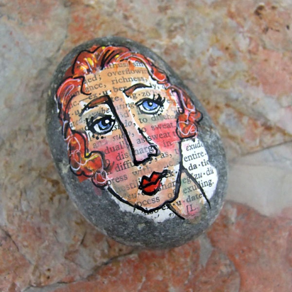 Face Rock 9: original painted lady face on smooth stone, gouache, ink, face on rock, decoupage, one of a kind, paperweight