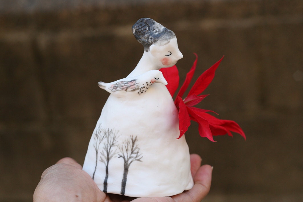 Porcelain vase 22 : "White winter bird" small ooak handmade sculpture