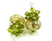 Olive Green Earrings, Boro Earrings, Lampwork Earrings, Crystal Cluster Earrings, Glass Bead Earrings, Beaded Earrings, Beadwork Earrings