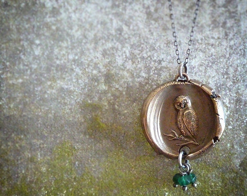 Owl Wax Seal Necklace. Bronze Pendant. Sterling Silver Chain. Wax Seal Woodland Jewelry