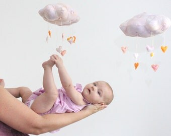 My Sweet Heart Cloud Mobile - limited edition fabric sculpture decoration for nursery in pink. orange, lavender, and white