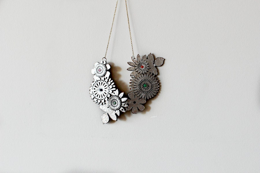 Silver Flower Necklace with Tiny Gemstones