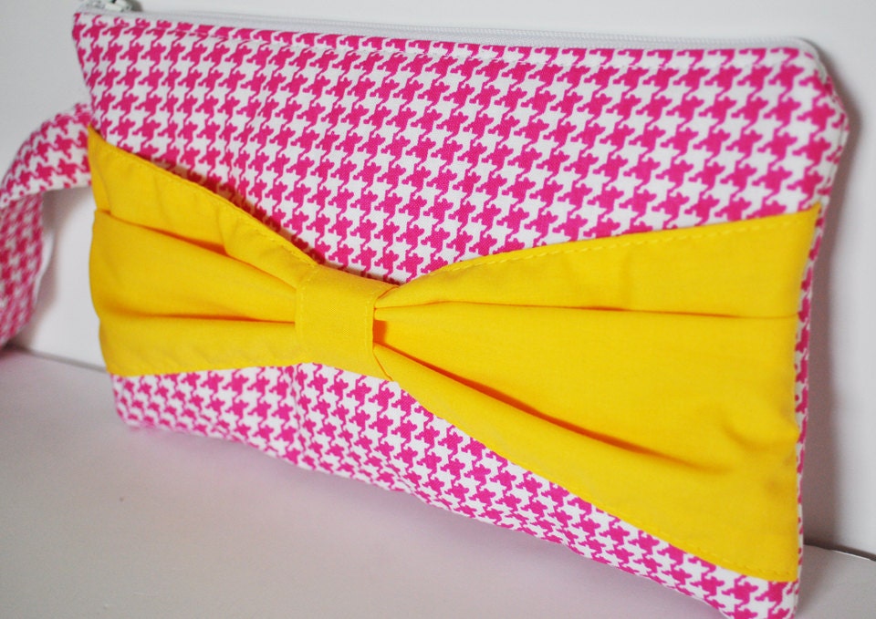 Bow Clutch in Hot Pink Houndstooth with Yellow Bow Bridesmaids Gift Wedding