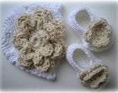 Pure White and Ecru Baby Hat and Booties Set 0-3 months