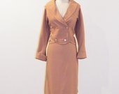 1950s Skirt Suit, Fawn Tan Wool Twill Plunging Blazer Suit Dress Set, Super Soft Wool, Vintage 50s Fall Winter Fashion