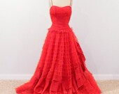 50s Red Tulle Evening Gown, 1950s Full Length Layered Tiered Tulle Net Sweetheart Party Dress Wedding Gown & Bolero Jacket, Bombshell XS