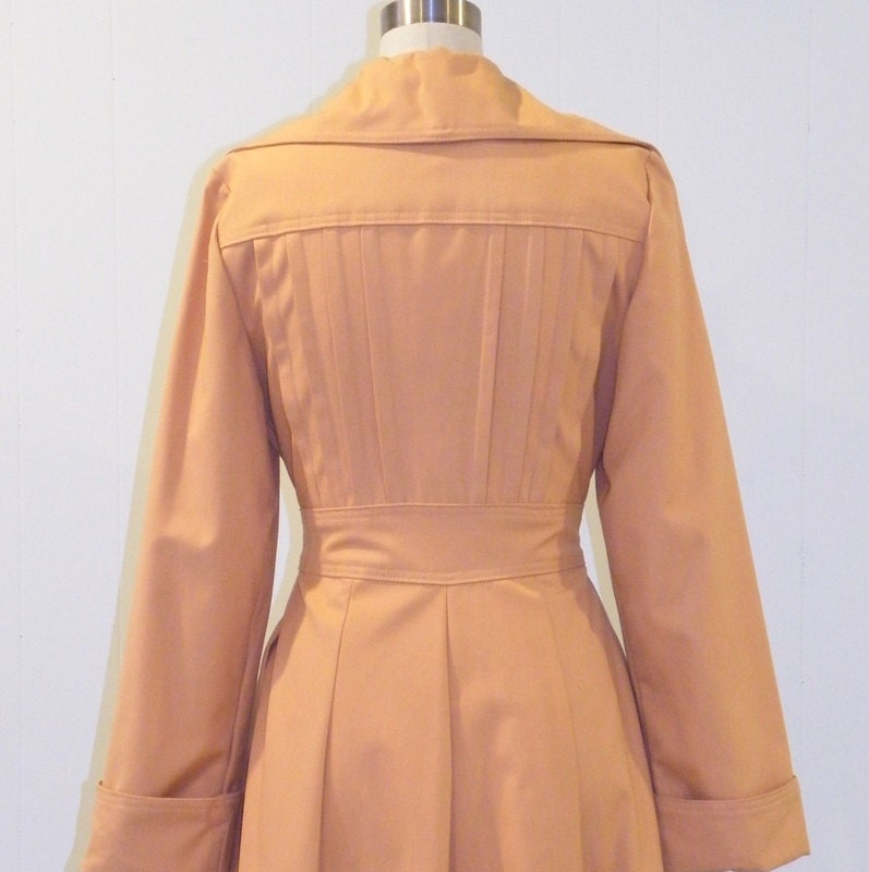 Vintage 1970s Swing Trench Coat, 70s Persian Orange Swing Skirt Winged Collar Long Sleeve Fall Coat, Back Tuck Pleats, Detective Spy Coat