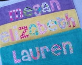 Personalized  Towel -  appliqued name -  Choose Fabric and Towel Color -  Great for beach, bath, pool, rest mat, birthday, Graduation