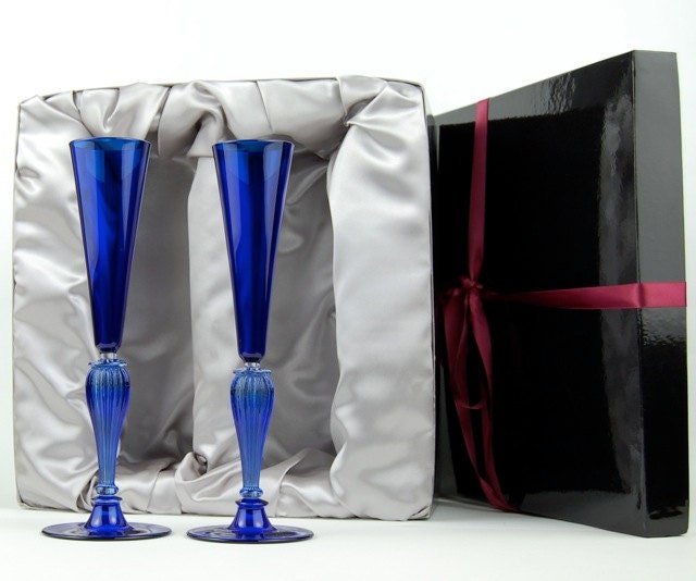 Hand blown glass champagne toasting flutes, Cobalt Blue