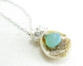 Sand Filled Seashell Necklace and Aqua Chalcedony Sterling Silver Chain