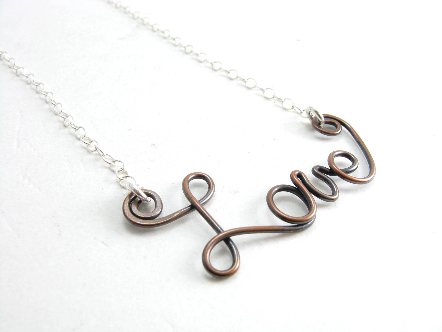 Love Necklaces on Sterling Silver Copper Love Necklace Mixed Metal Wire Writing Handmade