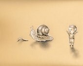 Snail Fetch- Childhood Imagination series - original graphite and colored pencil drawing on pastel colored paper