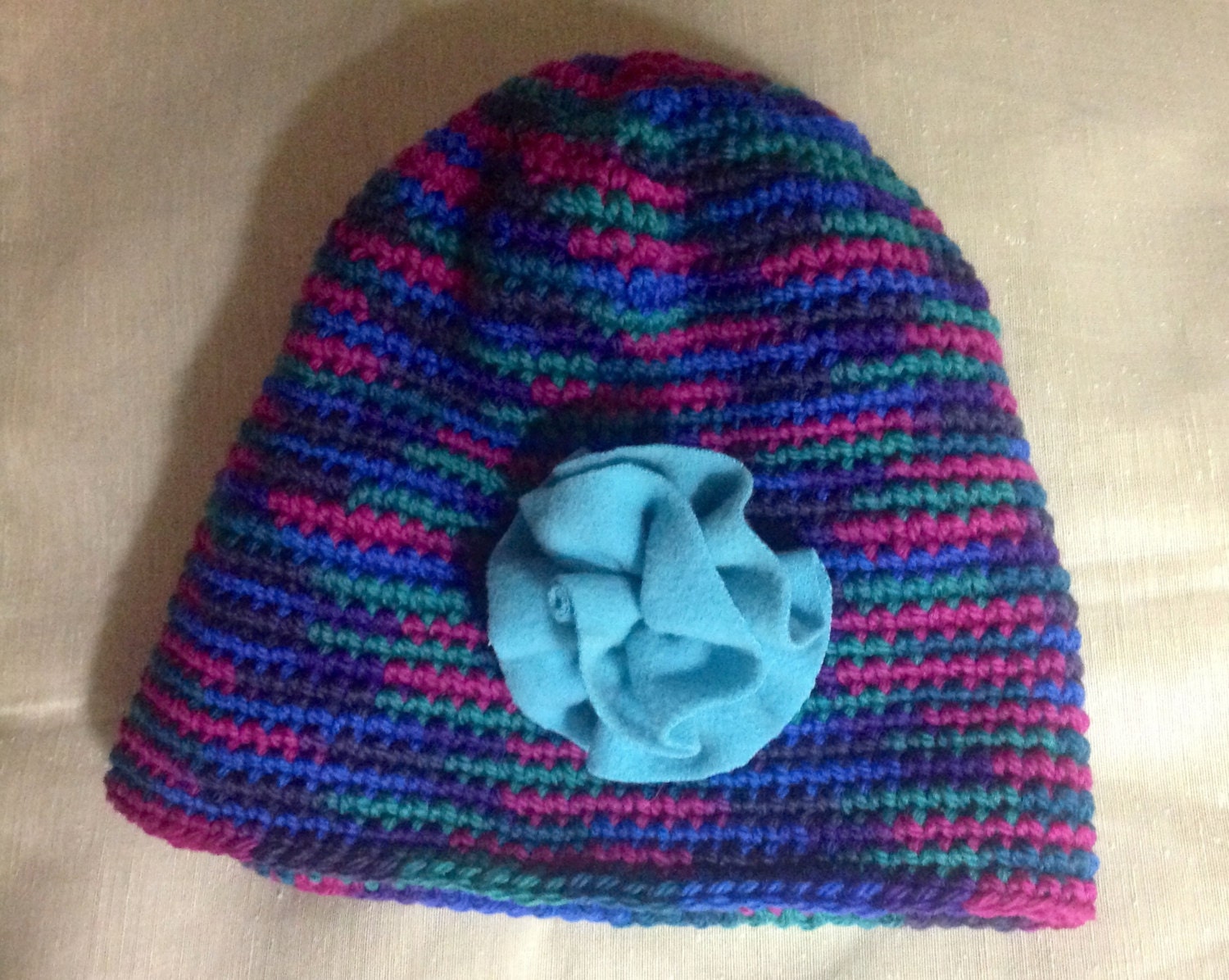 woman winter skull hat  turquoise purple blue Decorative Felted Flower hand crocheted by mcleodhandcraftgifts