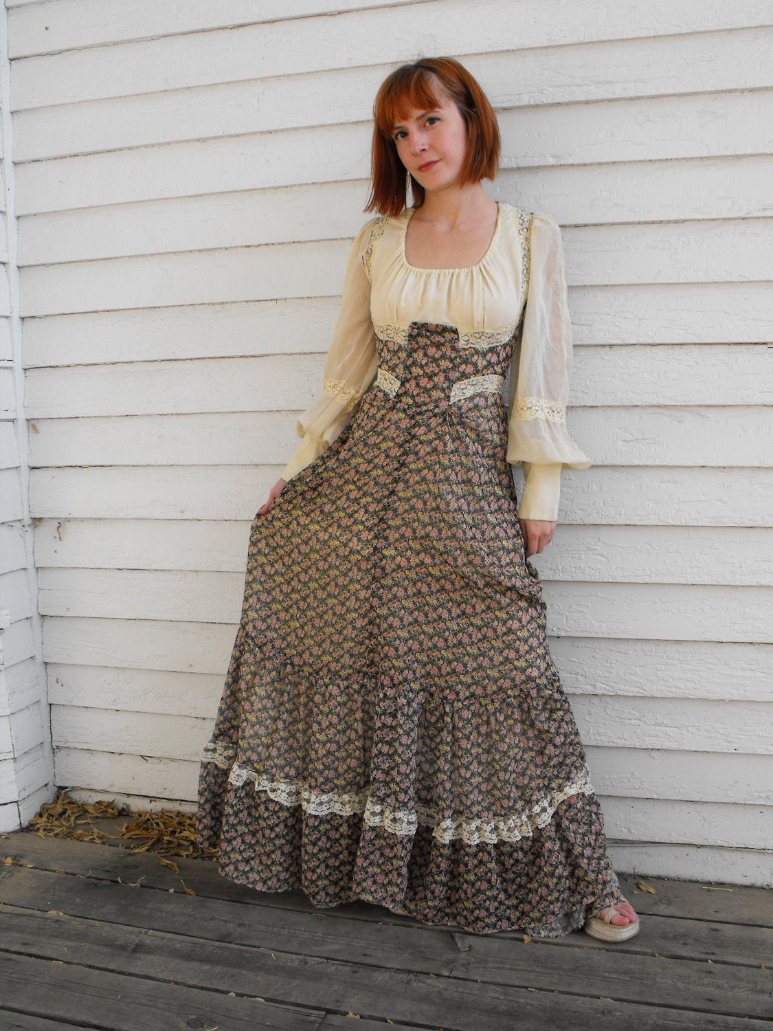 Vintage 70s Gunne Sax Gypsy Dress Peasant Floral Boho Renaissance XS S