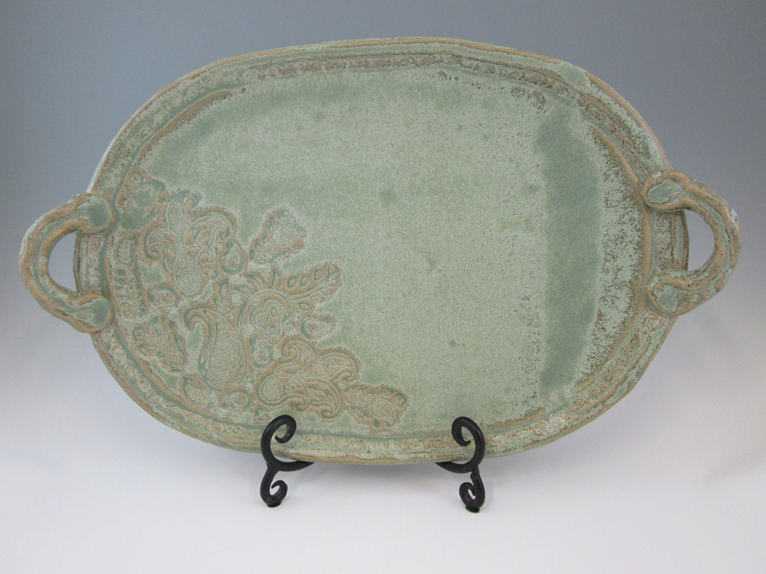 Celdon Green Stoneware Platter with Handles
