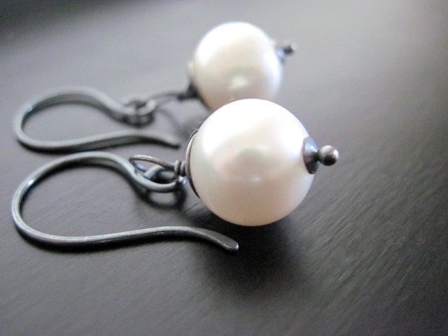 Large Freshwater Pearl Earrings, Oxidized Silver
