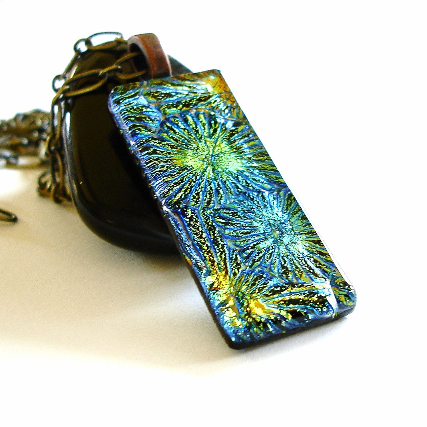 Peacock Green Pendant, Dichroic Fused Glass Pendant Jewelry