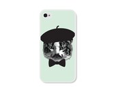Mint Green Cat Apple iPhone 4 Case - Plastic iPhone 4s Case - Funny iPhone Case Skin - Mint Grey Black French Mustache Beret Cell Phone