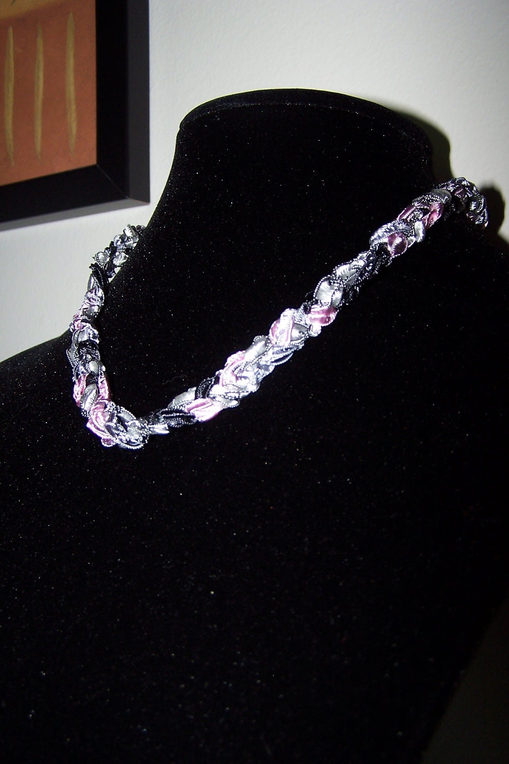 Pink, Silver, and Black Crocheted and Braided Ladder Ribbon Yarn Necklace