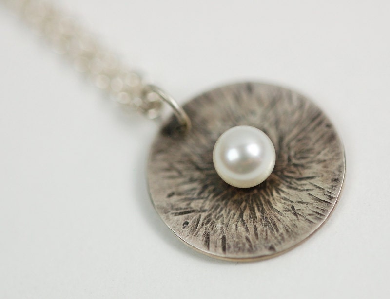 Oxidized Silver Jewelry - Dandelion - Hammered & Oxidized Sterling Silver Pendant Necklace with White Freshwater Pearl - custom order