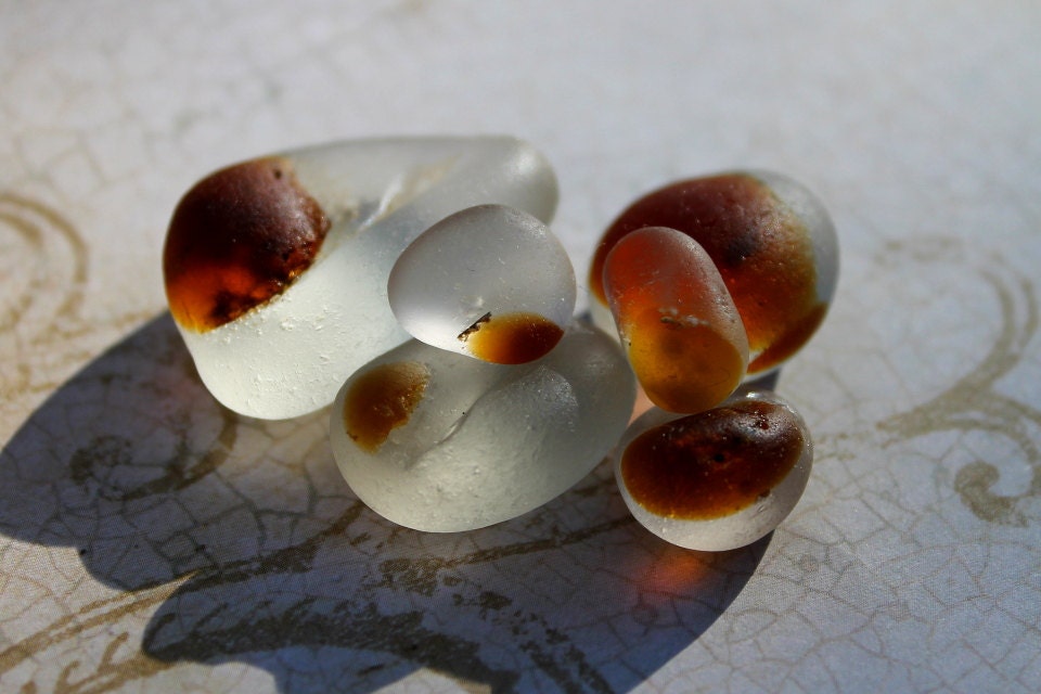 Vintage Bonfire Sea Glass - Creamy White SeaGlass with Mocha Accents