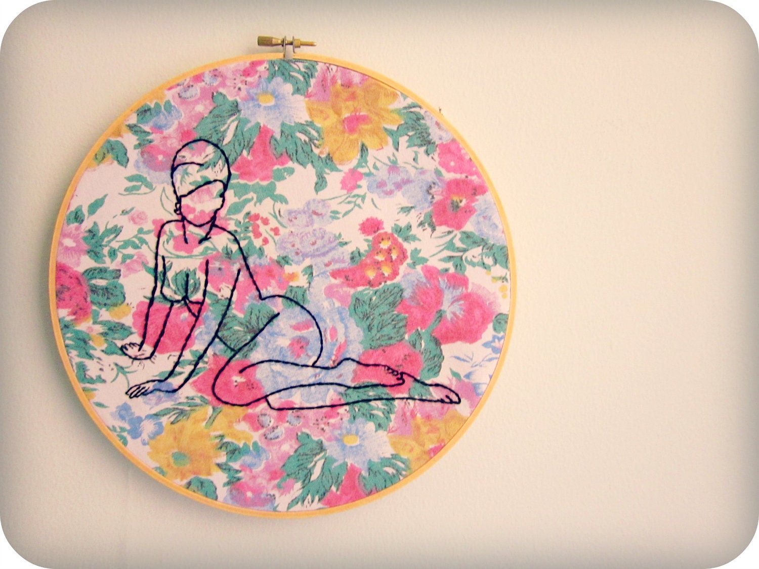 embroidery hoop art GIRL AND FLOWERS original vintage inspired portrait hand drawn pin up girl art