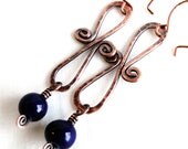 Hammered Earrings, Wire Wrapped Jewelry, Handcrafted, Modern Jewelry, Copper Wire, Dark Blue, Infinity Earrings