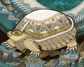 Turtle - modern fine art print nursery gift unisex Tortoise illustration drawing interior decor teal mint nautical animal marine navy animal