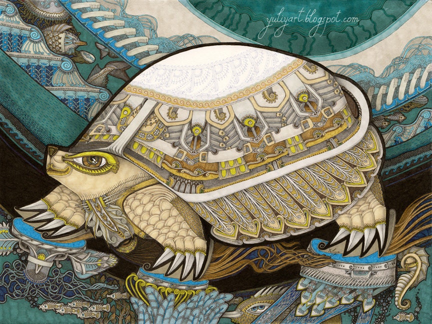 Turtle - modern fine art print nursery gift unisex Tortoise illustration drawing interior decor teal mint nautical animal marine navy animal