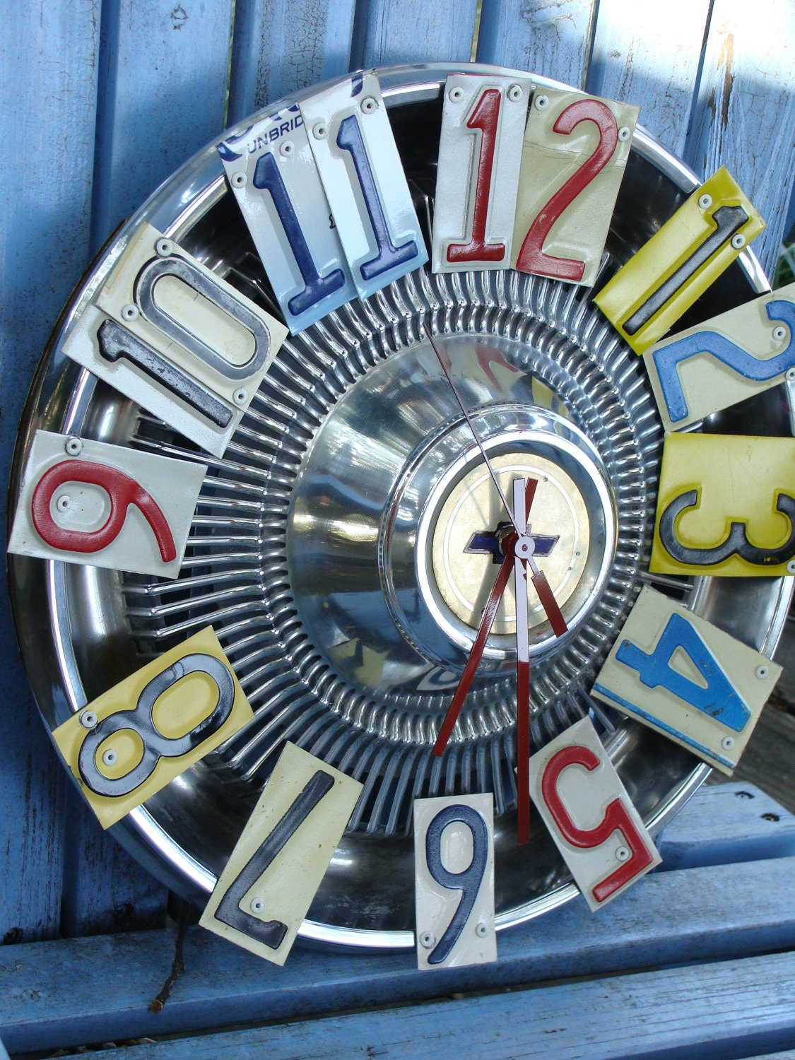 Vintage Chevrolet Hubcap License Plate Wall Clock Upcycled