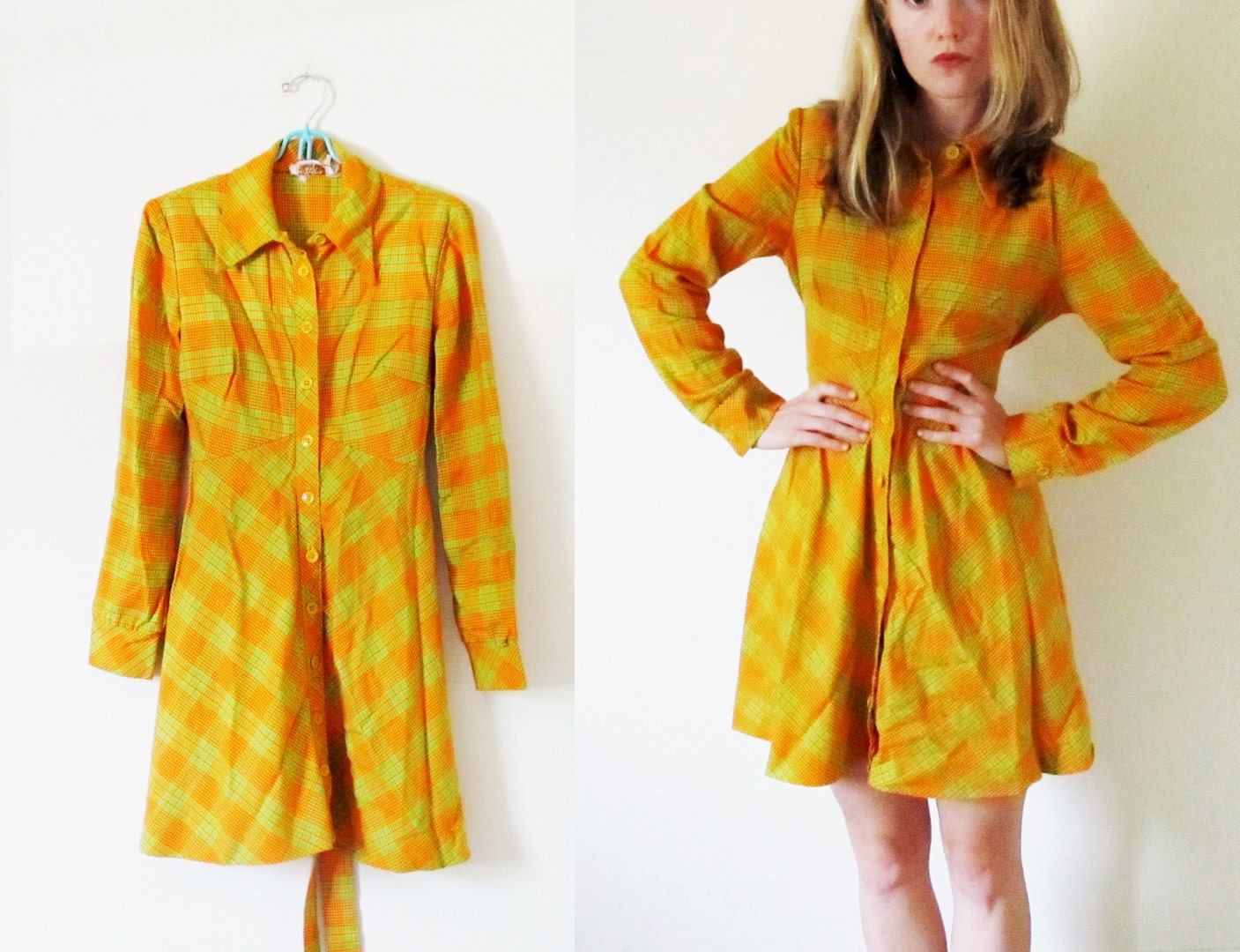 vintage 1960s Mini Dress // Retro Plaid // Bright Orange and Neon Green // S