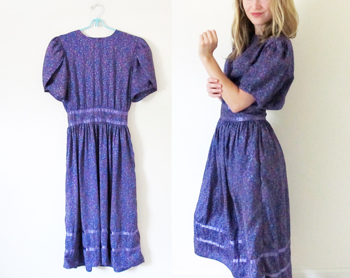 vintage 1980s dress // neon floral print // romantic // purple // satin trim // tulip sleeves // size small s // medium m