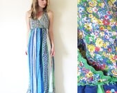 vintage 1960s maxi dress // mixed floral print // halter // sun dress // blue and green // ric rac // size extra small xs // small s