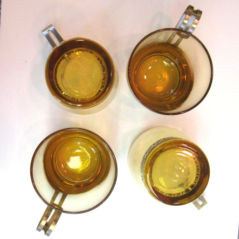 Vintage Amber Glasses with Brass Greek Key Handles - Set of 4 - 1960s - retro drinkware - barware - punch set - metal handles