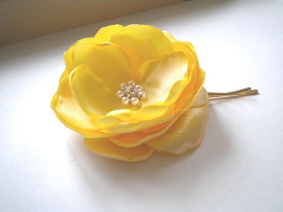 2 Large Satin Yellow Flower Rose  Pins Handmade Wedding Prom Party