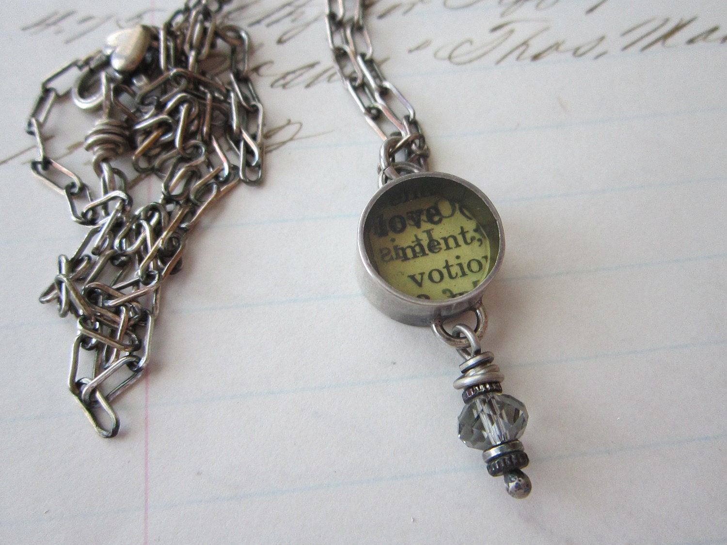 SALE - handmade necklace - 'LOVE' - sterling silver bezel, swarovski, vintage paper, resin