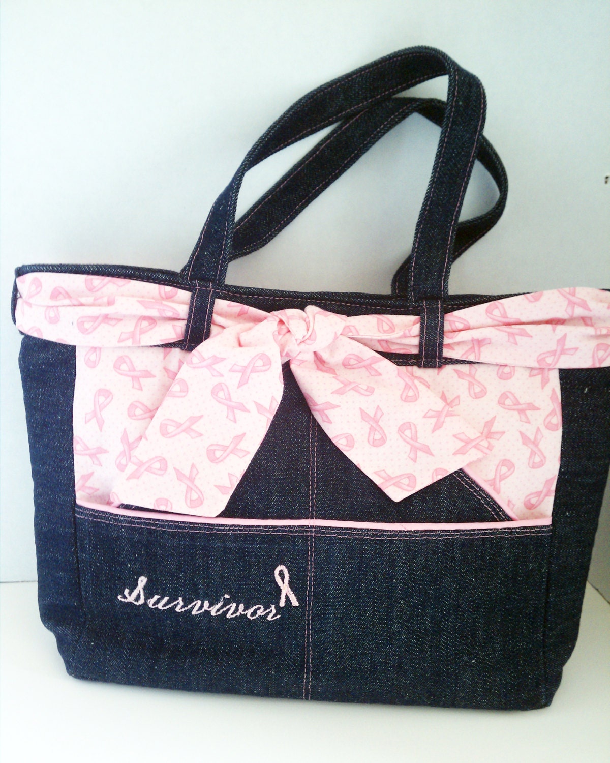 Cancer survivor purse dark blue jean and pink ribbon with bow and many pockets