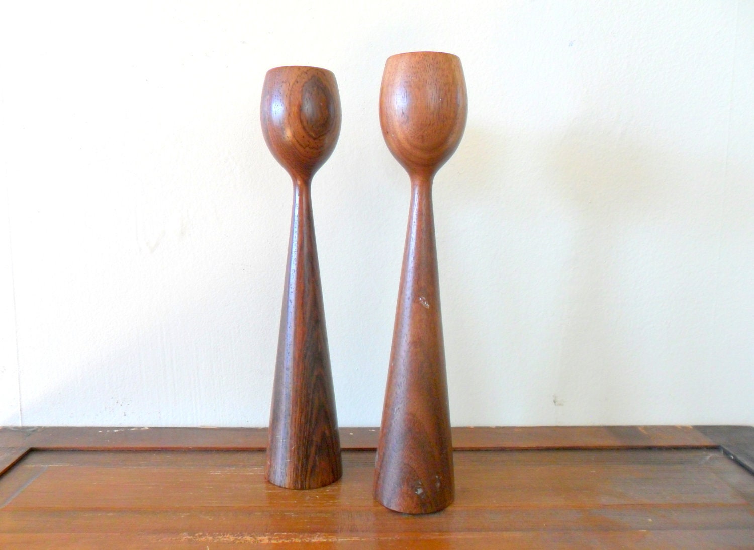 vintage mid century danish modern wood candle sticks - mid mod - teak - brown